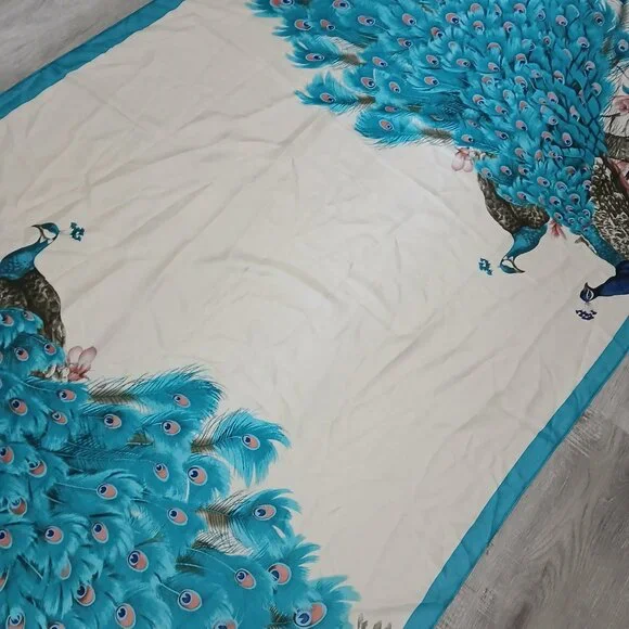 Super Large Teal Peacock and Cherry Blossom Scarf Wrap - Picture 5 of 9